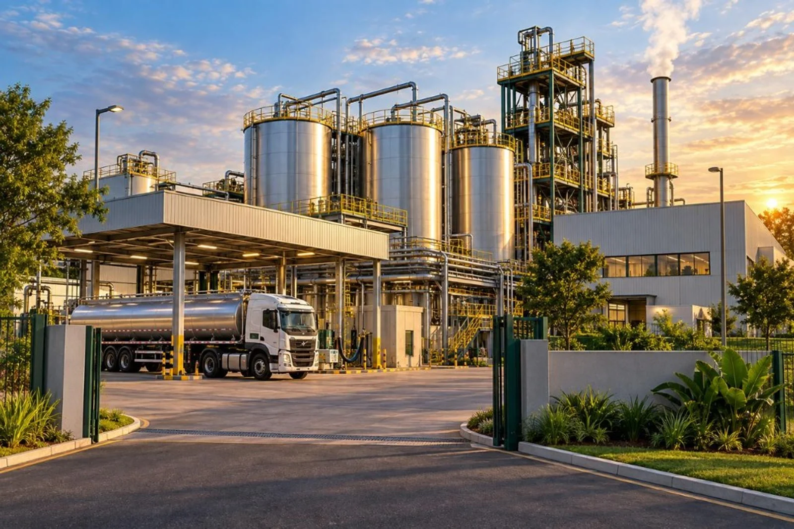 Usina de recuperação energética com tanques, caminhão tanque e área industrial ao entardecer